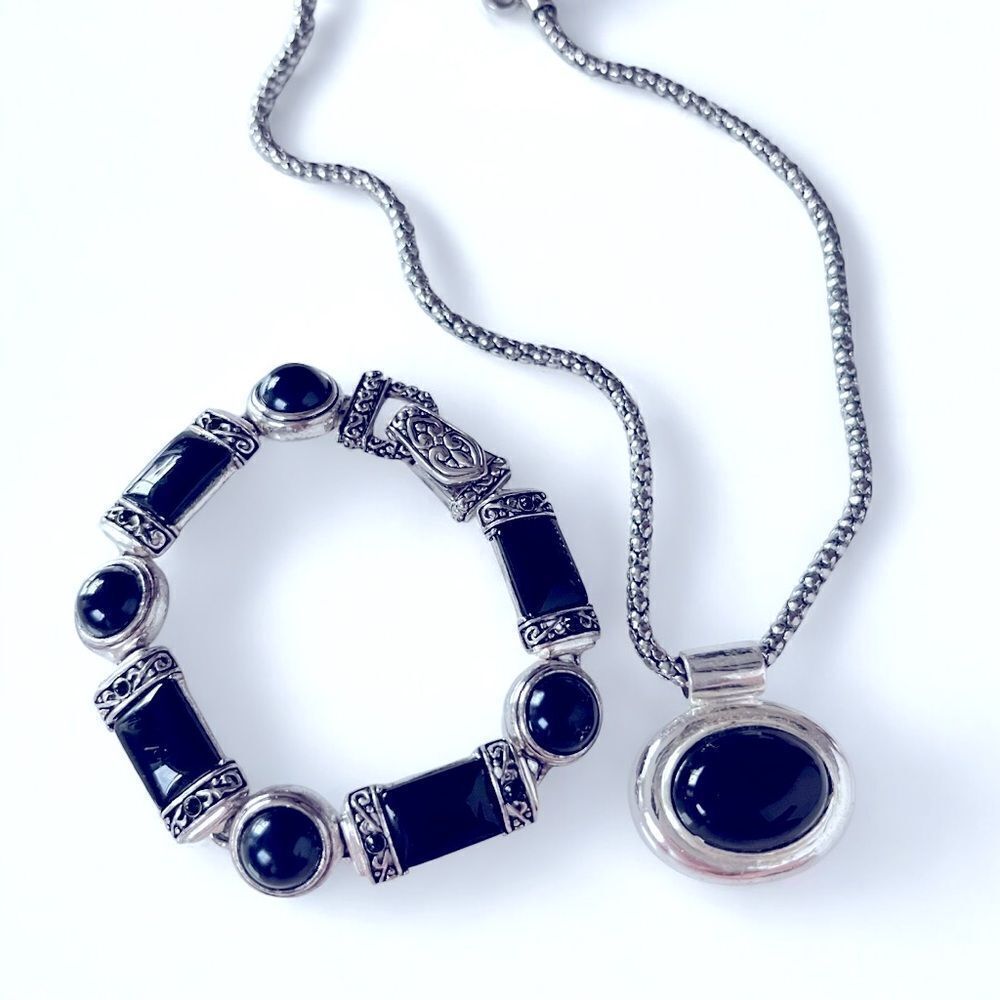Vintage Silver & Black Onyx Bracelet Necklace Set
